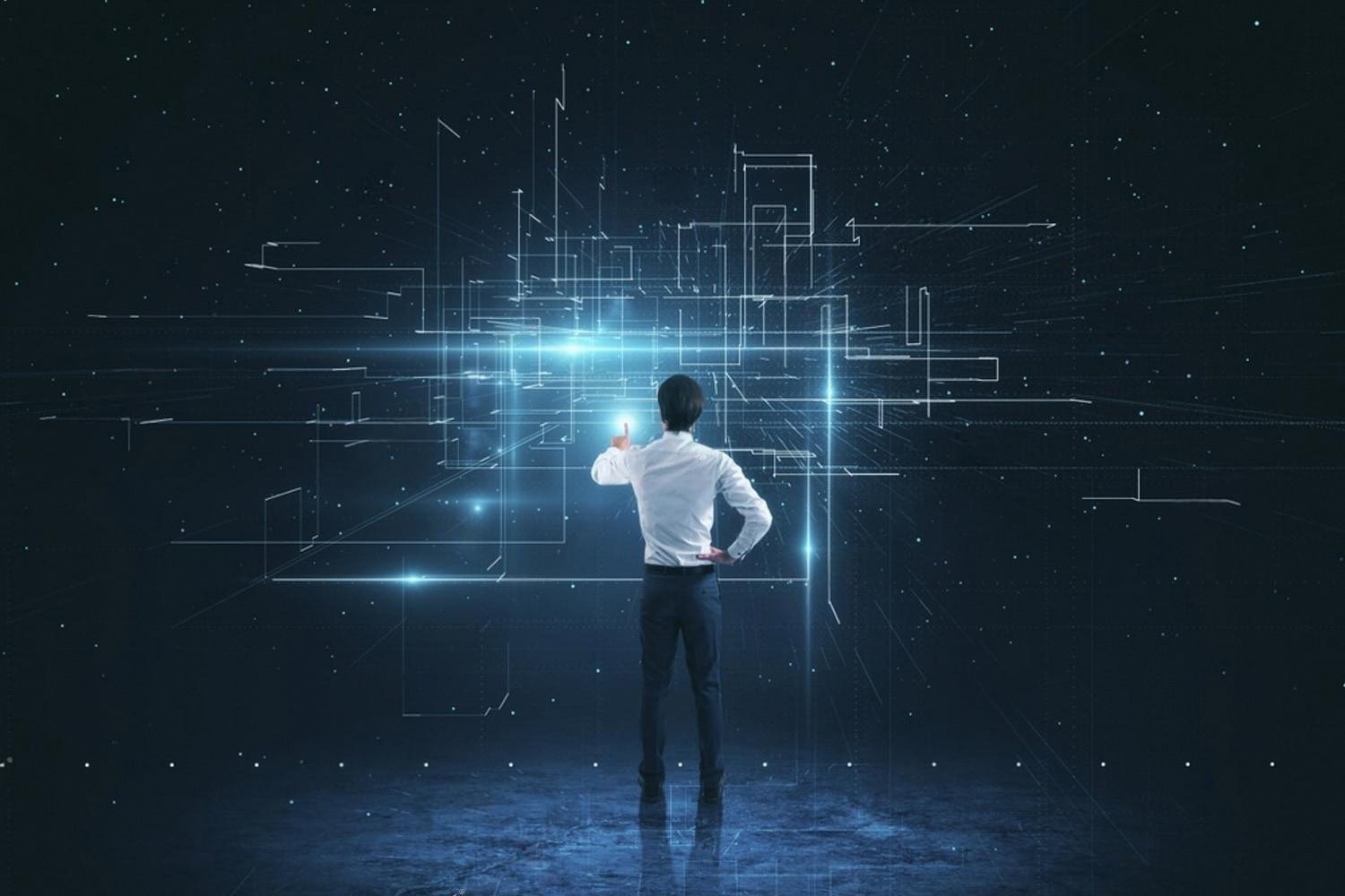 Person facing a complex digital network symbolising cyber risks from unlicensed software